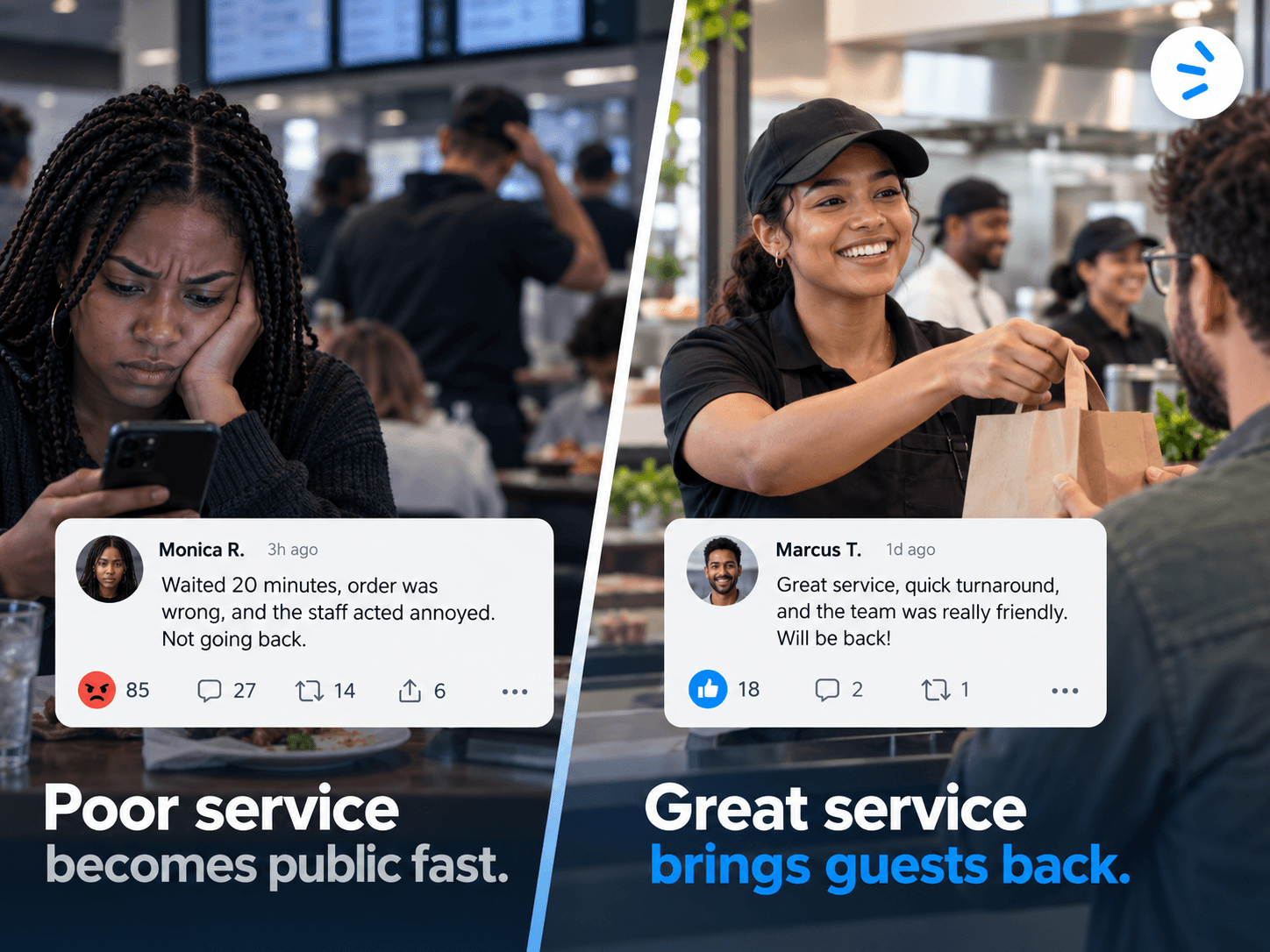 Fictional comparison showing how poor service can drive negative public feedback while stronger service supports a better guest experience.