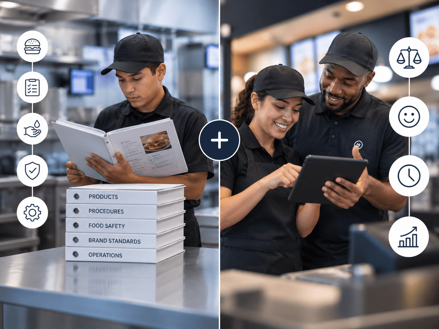 Comparison showing franchise training establishing products, procedures, safety, and standards while ReadySetServe.app extends learning into real shift situations.